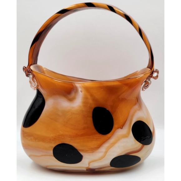 Murano Art Glass Handbag Planter Amber Black Swirl Twisted Handle Vase Italy - Picture 5 of 9
